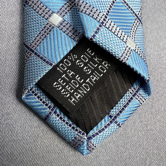 Hi-Tie Men’s 100%‎ Silk Tie Handkerchief Set Geometric Blue Silver Wedding Dance - Picture 6 of 11